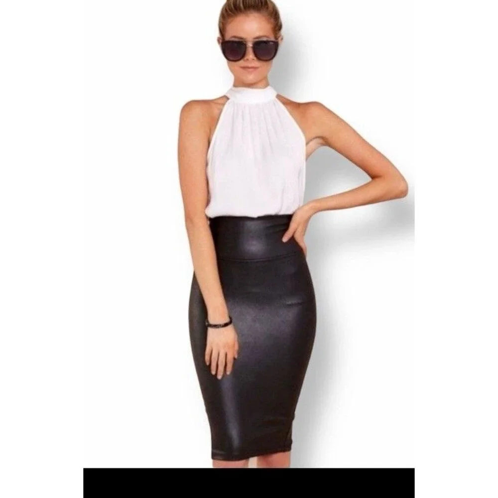 SPANX Faux Leather Pencil Midi Skirt  Black High Waisted Pull-On - Size L